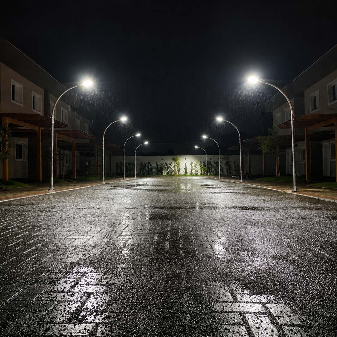 Rua residencial iluminada por postes de iluminação pública NP Iluminação