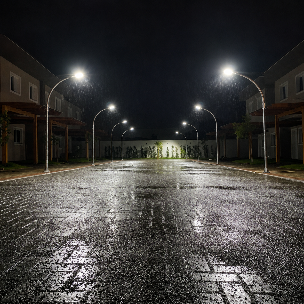 Rua residencial iluminada por postes de iluminação pública NP Iluminação