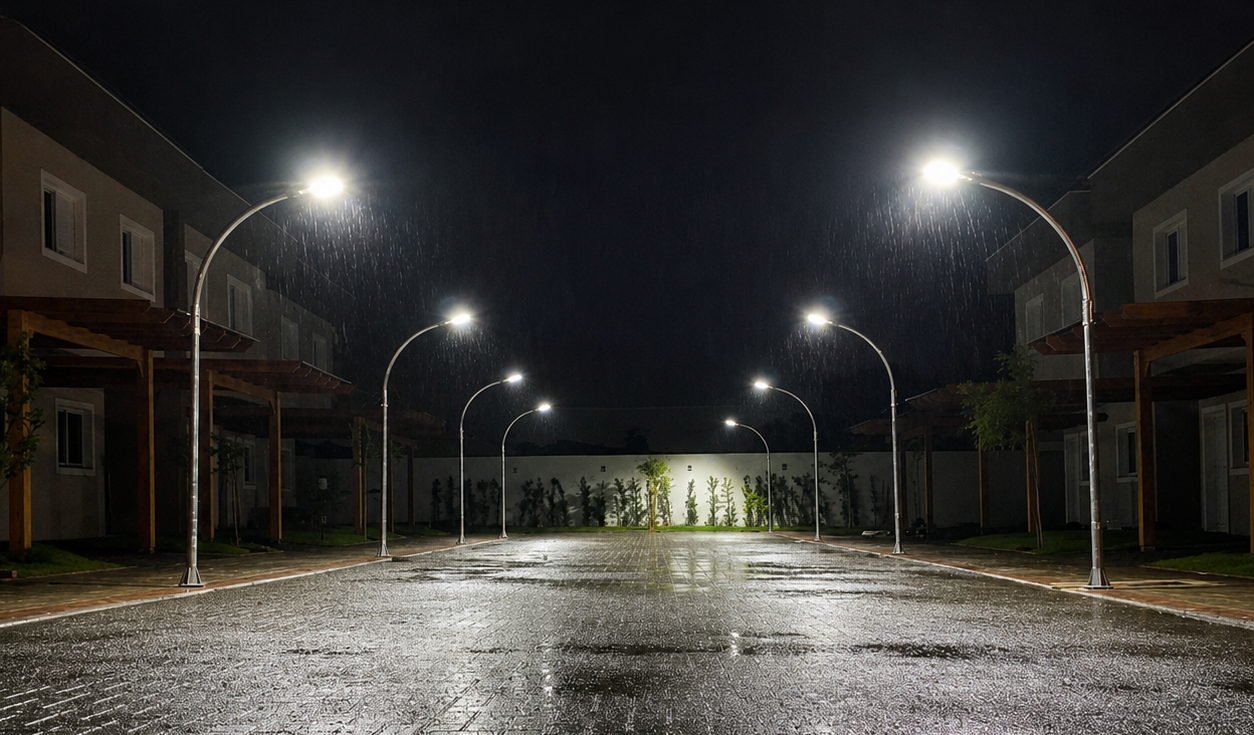 Rua interna de condomínio residencial iluminada por postes de LED durante a noite, sob chuva